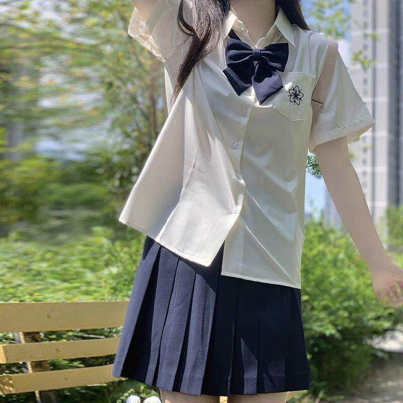 jk制服加工定制 樱木北短袖百褶裙套装 jk衬衫日系白蓝色刺绣女衬衣春jk制服