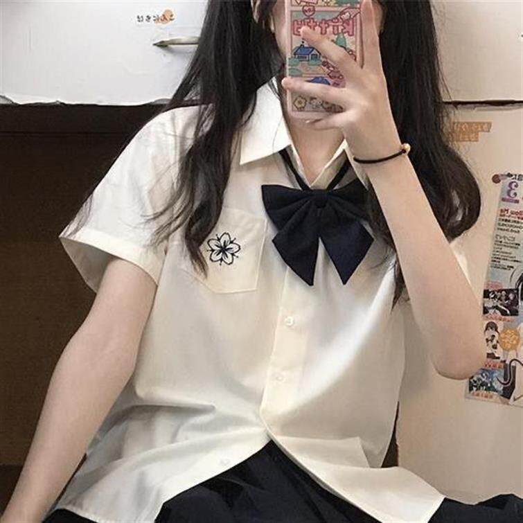 jk制服加工定制 樱木北短袖百褶裙套装 jk衬衫日系白蓝色刺绣女衬衣春jk制服