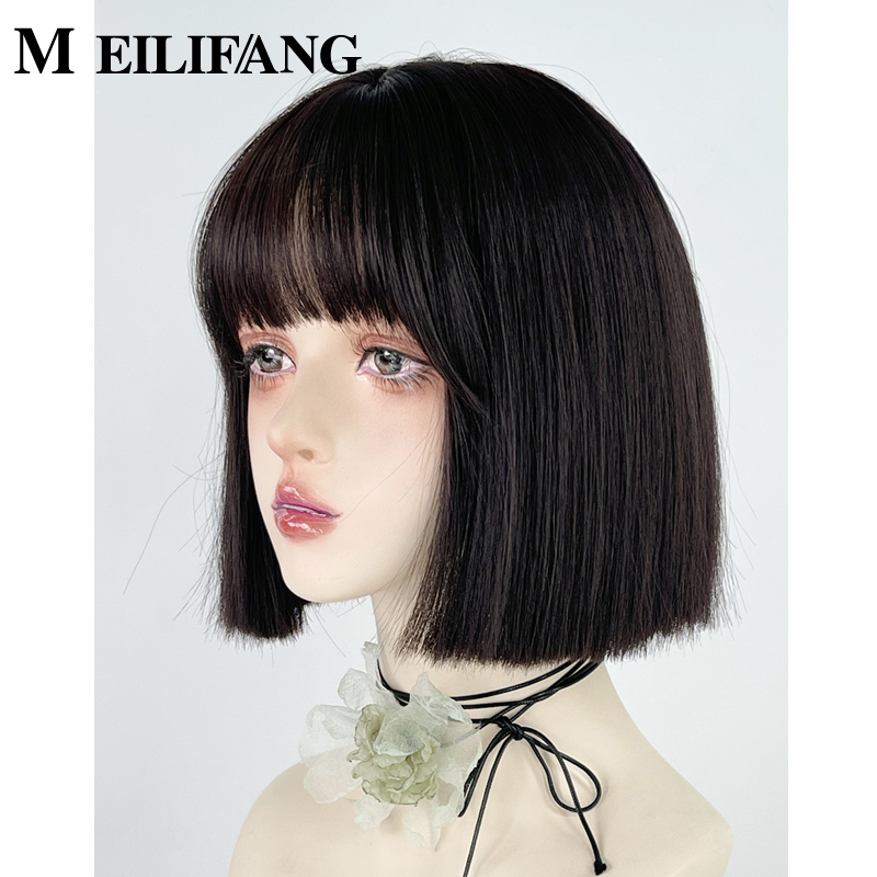 One-Piece Wig Short Straight Hair Female Jk Killer Style Not Too Cold with Bangs Bobo Black Y2K Full Wig