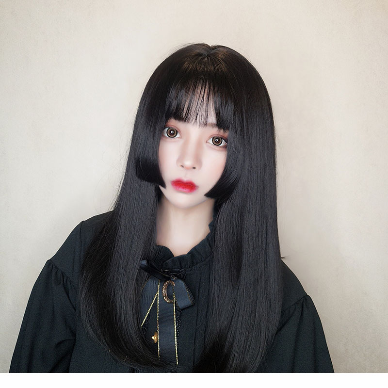 Natural BlackWigs female Jifa style Wigs Princess Cut quadratic element girl black Long straight hair Bangs Whole head a gentle wind Wig cover