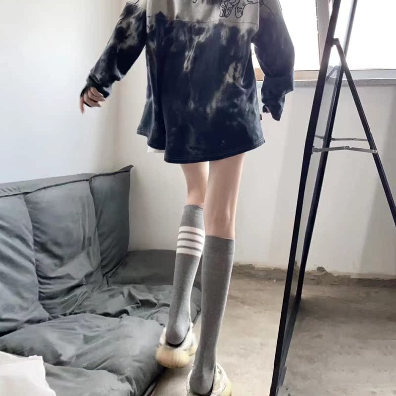 Gray Calf Socks for Women, Spring and Summer Long Socks, Cotton Over-The-Knee Slouch Socks, Three-Stripe Mid-Calf Socks, Striped Sports Long Socks