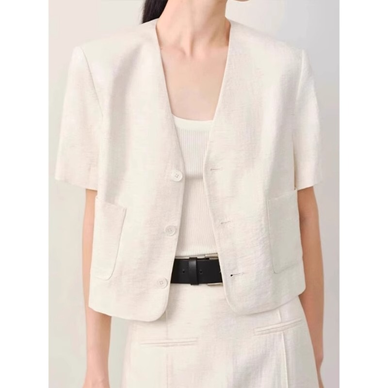 Trendy and Elegant Pure Color French Style Age-Reducing Top Casual Linen Blazer Comfortable High-End Short-Sleeved New Style