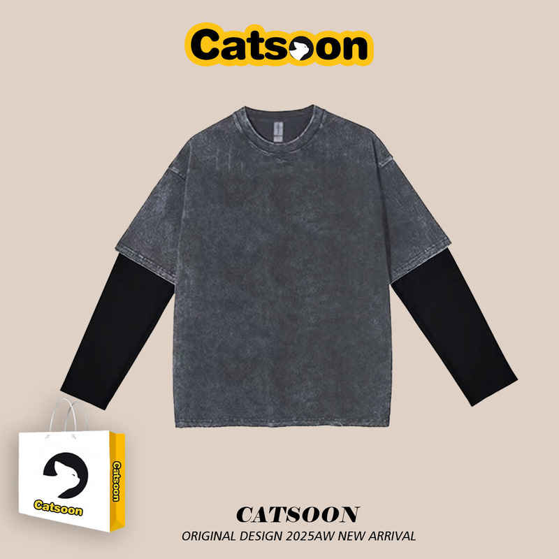 【Long Sleeve - Clean Version】 Oversized Washed Vintage Loose Pure Cotton Base Layer Hand-Painted Long Sleeve T-Shirt Fake Two-Piece