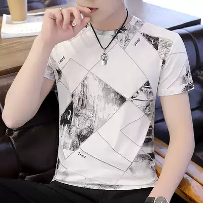 Ice silk short-sleeved t-shirt men's trend brand Korean version of the trend slim-fit handsome summer mulberry silk silk men's half-sleeved T-shirt
