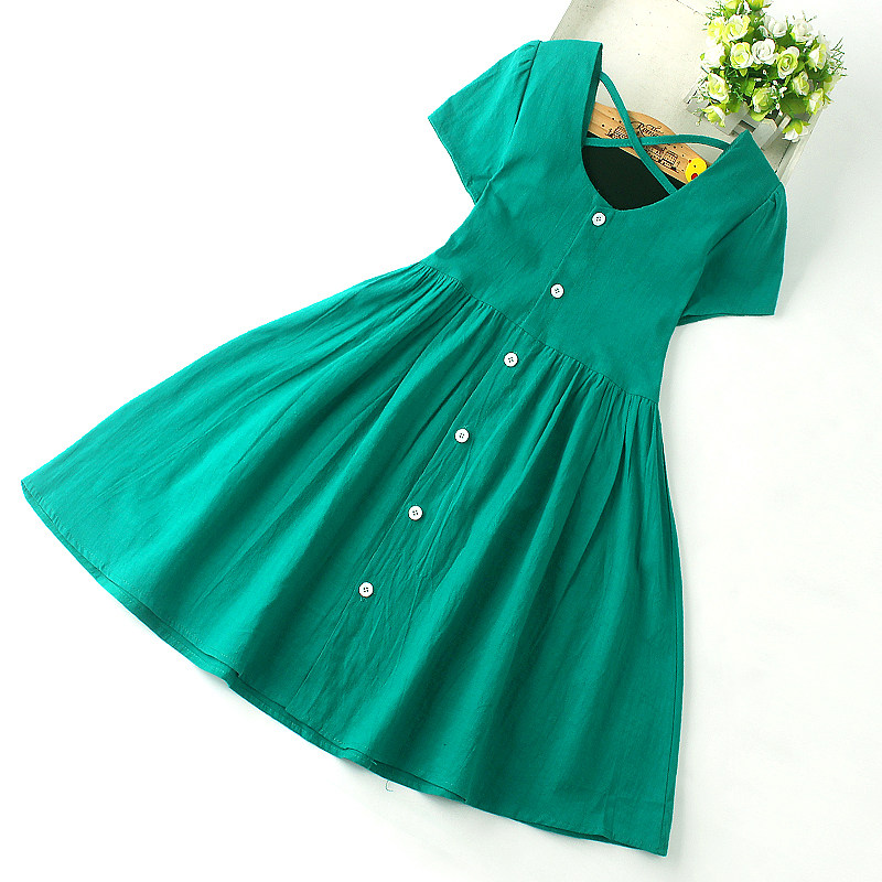 Children's summer dress girls short-sleeved dress loose cardigan big boy Korean girl summer Western style green skirt