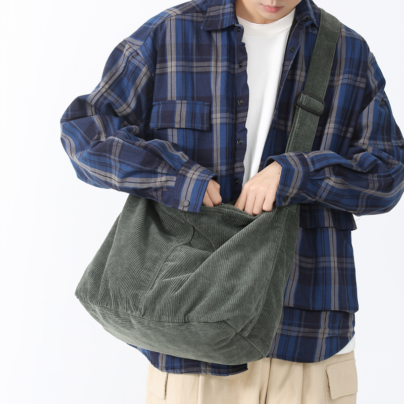 Japanese-Style Large-Capacity Canvas Shoulder Crossbody Bag for Women, Versatile Corduroy Lazy Style Student Literary Backpack for Men