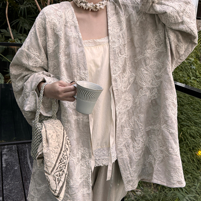 Owish Rich and Leisurely Heavy Linen Cotton Jacquard Fully Embroidered Fabric Drop Shoulder Tie Loose Oversized Cardigan Owish Rich and Leisurely Heavy Linen Cotton Jacquard Fully Embroidered Fabric Drop Shoulder Tie Loose Oversized Cardigan