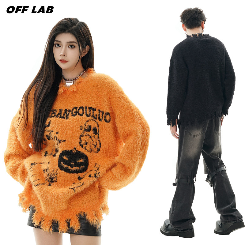Offlab Halloween Cute Ghost Irregular Mink Fur Sweater Women's Autumn and Winter Couple's Retro Loose Knit Sweater