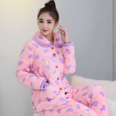 睡衣女士冬季珊瑚绒夹棉三层加厚保暖法兰绒中老年冬天家居服套装
