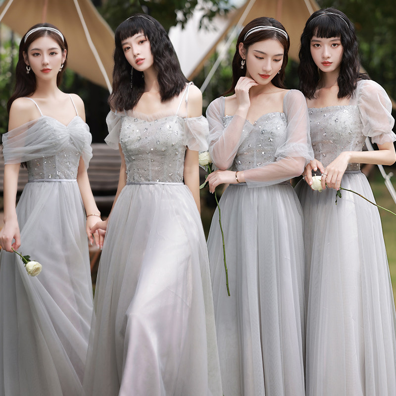 Bridesmaid dress 2022 new niche can usually wear sisters group high-end gray long personalized dress winter