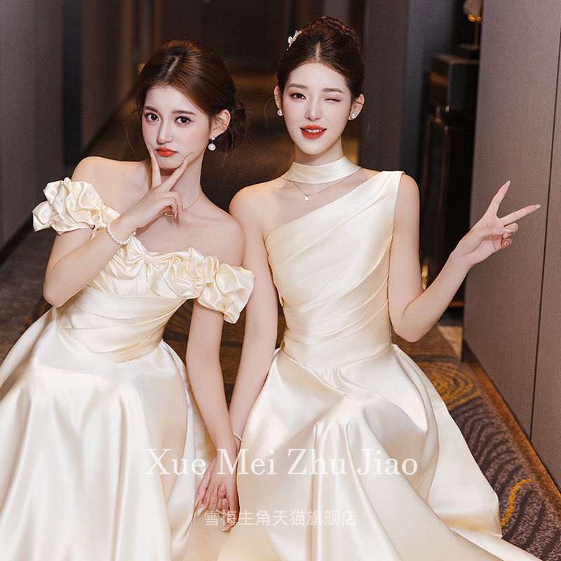 Champagne-Colored Bridesmaid Dresses 2026 New Style, Stunning High-End Niche Sister Group Gowns, Suitable for Petite Sizes and Can Be Worn Casually