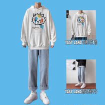 Little red book trending men wear autumn youth Hong Kong style loose straight jeans men with white cartoon sweater