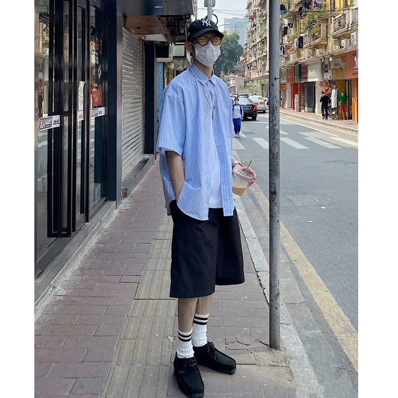 Summer boy's day wears harbor wind retro-loose teenage striped shirt men and casual handsome