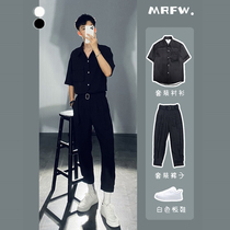 Light wind wearing summer thin ice wire shirt men loose fashion shirt with casual nine-pants two sets