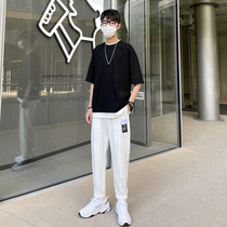 Little Red Book Men wearing Summer Ins Two Loose T-shirts Mens Pure Cotton Round-collar Fashion Half-sleeved Casual Set