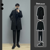 Light mature mens clothing with three-piece set of autumn and winter long woolen coat mens Korean version of handsome striped woolen coat