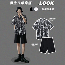 Summer dye short - sleeved shirt men and skinny five - sleeve shirt with light - cooked five - point pants