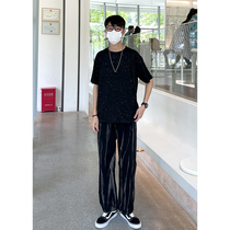 Sky boy wearing summer tide reflective short sleeve T-shirt men loose coat with dyed jeans suit