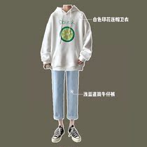 XT south wind fitting room autumn fruit print white hooded sweater men Lnkdye original loose top