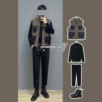 Little red book tide man wearing winter Lamb hair vest American retro denim pocket stitching stand neck vest coat