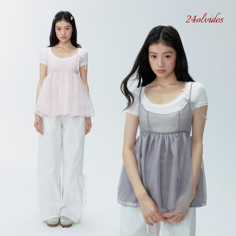 24Olvides Early Summer Han Lei Series Puffy Hem Slim-Fit Short Top Organza Layered over Skirt
