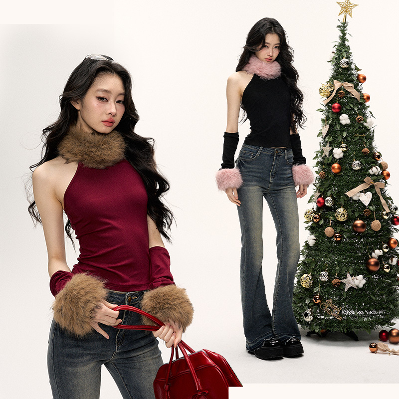 24Olvides Hot Girl Photoshoot Christmas and New Year Burgundy and Black Color-Blocked Fur Collar Slim-Fit Vest with Sleeves