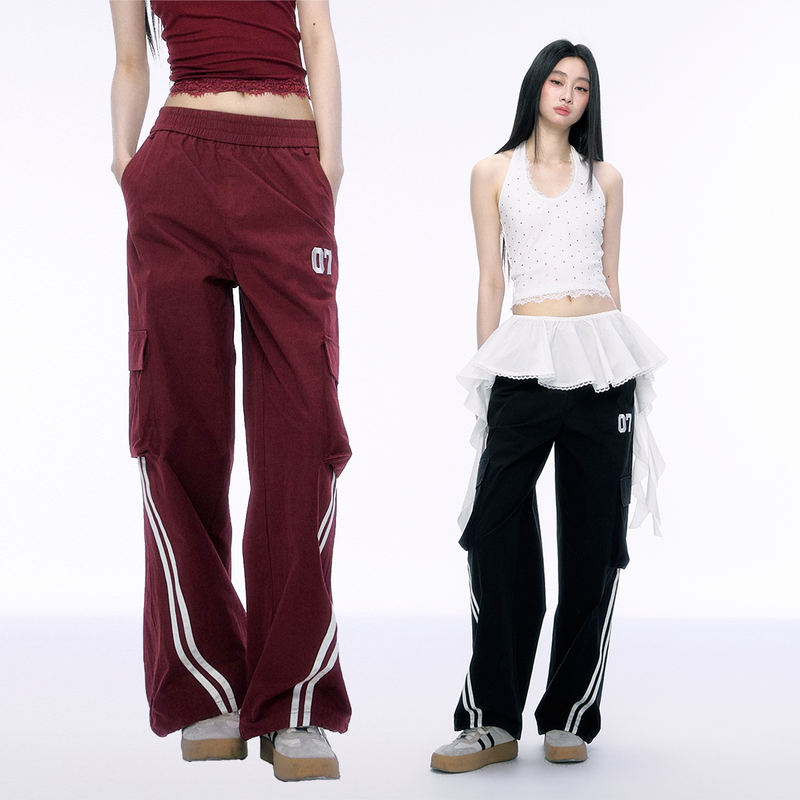 24Olvides Red American High Street Workwear-Style Jogger Pants for Women, Designer Casual Straight-Leg Long Pants
