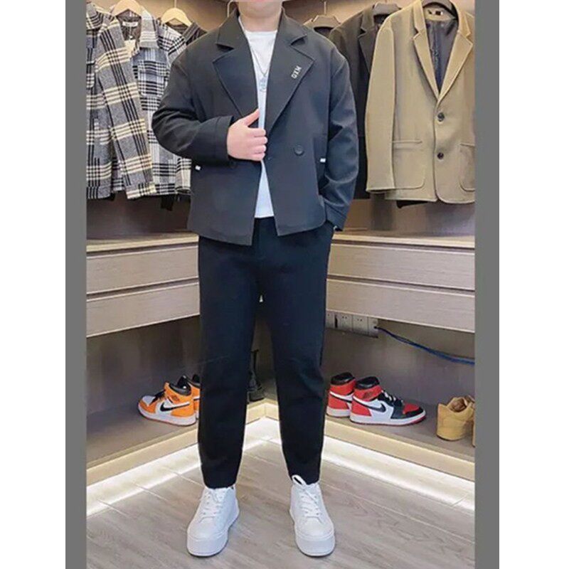 Douyin Qingzhi trendy men wear spring and autumn Hong Kong style loose small suit jacket large size fat man light familiar style suit suit