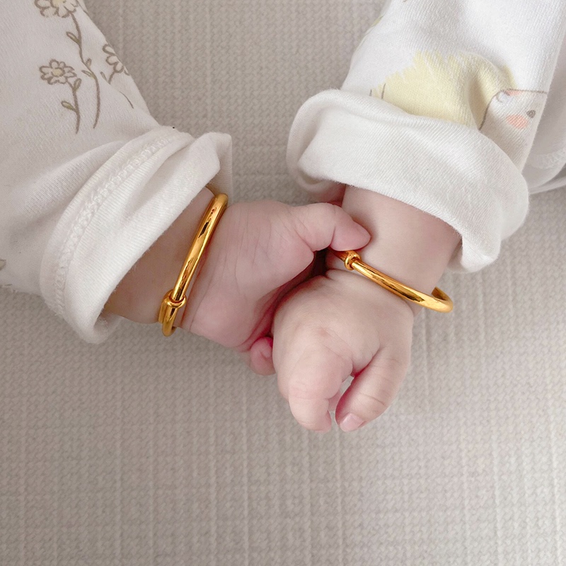 2025 New Gold-Plated Silver Baby Real Gold Push-Pull Smooth Bracelet for Infants, Full Month or First Birthday Gift, Traditional Ancient Method Bracelet
