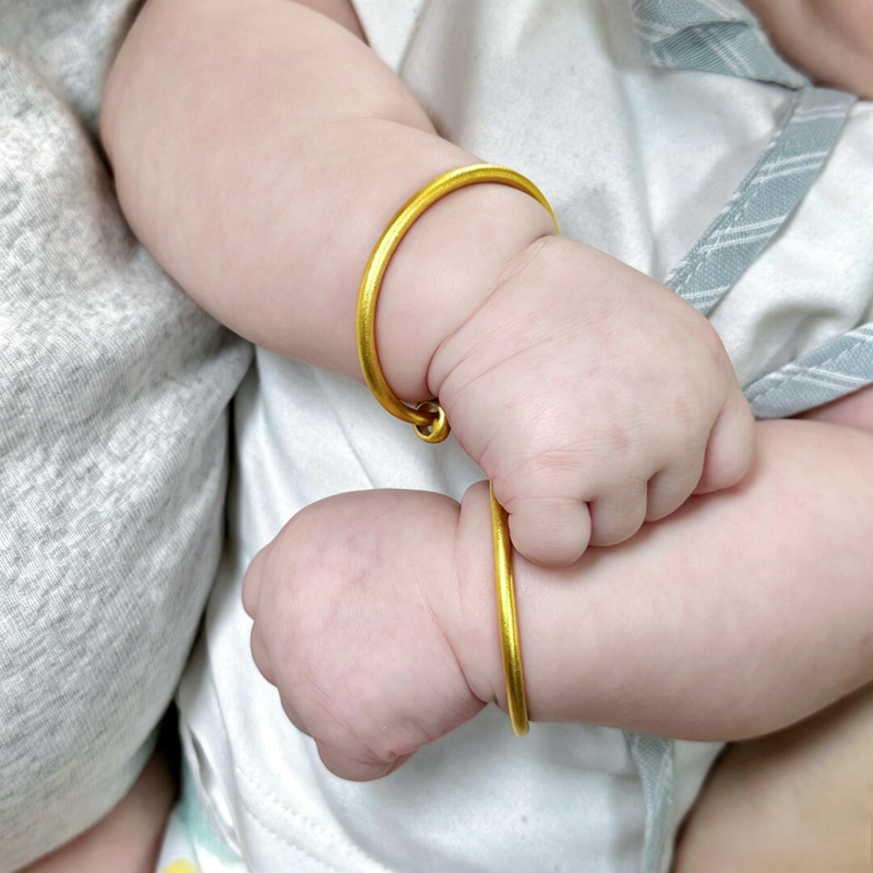 2026 New Gold-Plated Silver Baby Real Gold Push-Pull Smooth Bracelet for Infants, Full Month or First Birthday Gift, Traditional Ancient Method Bracelet