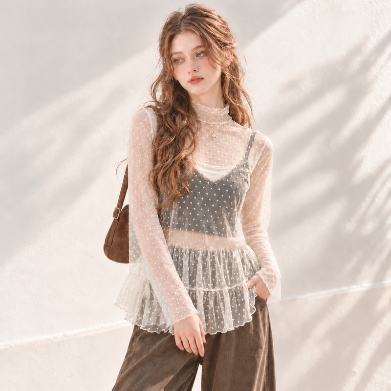 French-Style Gentle Polka-Dot Half-High Collar Long-Sleeve Lace Blouse for Women, Autumn Ruffled Age-Reducing Layered See-Through Top, Trendy