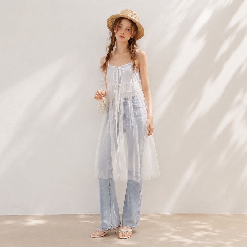 Pure Desire Lace-Up Sheer Mesh Camisole Dress for Women, Summer Sleeveless Tulle Layered Sun Protection Fairy-Like Outerwear Gauze Dress