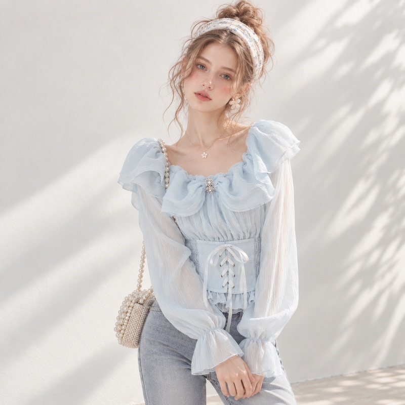 French-Style Sweet Ruffled Off-Shoulder Long-Sleeve Shirt for Women, Autumn Design with Tie Waist, Slimming and Age-Reducing Top