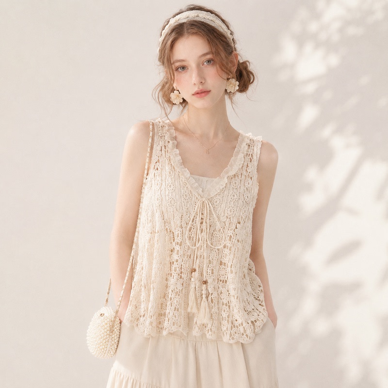Gentle Style V-Neck Lace Hollow-Out Vest for Women, Summer Tassel Tie Loose Fit, Covers the Body, Sleeveless Top for Outerwear
