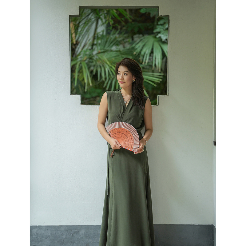 Jomode `Big Green Dress` 16mm Mulberry Silk Green V-Neck Wrap Tie Dress Women's Tank Top Long Dress