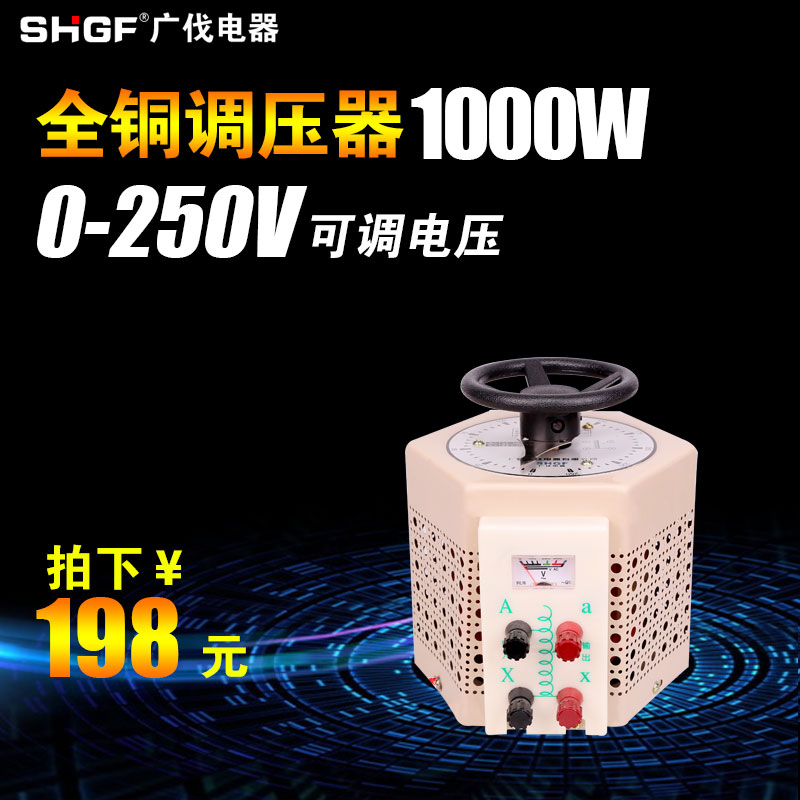 Guangfa single phase voltage regulator 1000w AC 220v output 0v-250v adjustable power supply step-up transformer 1kw