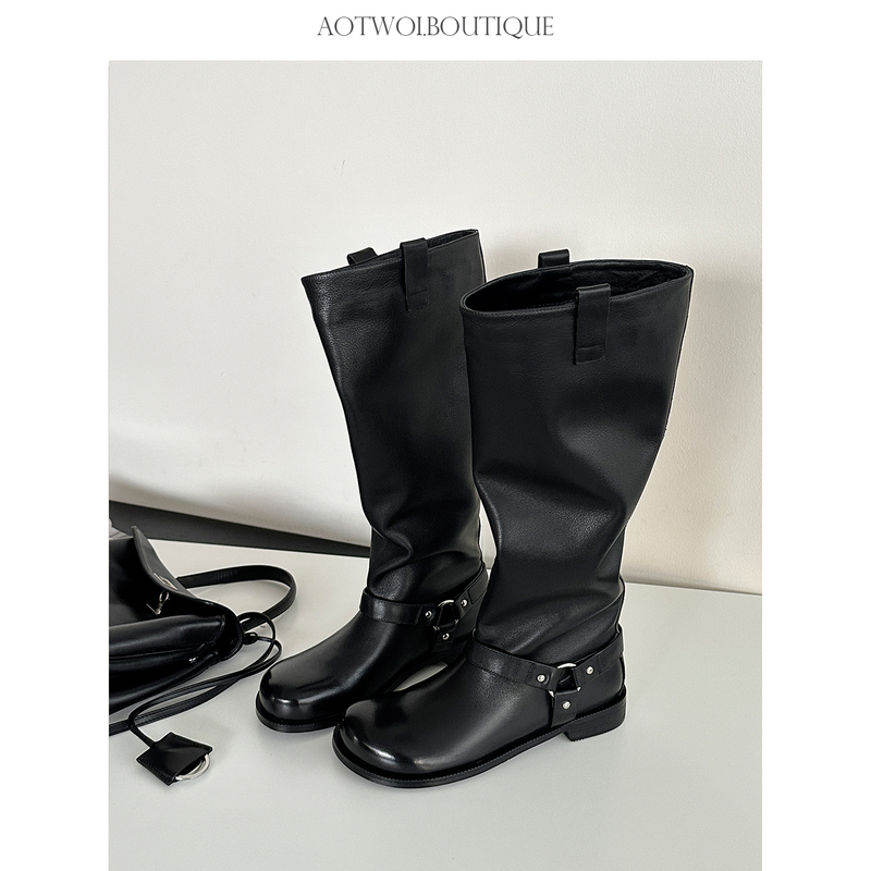 Aotwoi Homebody Style Black Distressed Leather Vintage Long Riding Boots Simple Versatile Mid-Calf Boots Aotwoi Homebody Style Black Distressed Leather Vintage Long Riding Boots Simple Versatile Mid-Calf Boots