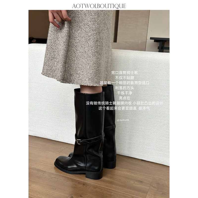 Aotwoi 2026 Autumn Black Retro Knight Boots Women's Knee-High Large Size Minimalist Belt Buckle Boots Aotwoi 2026 Autumn Black Retro Knight Boots Women's Knee-High Large Size Minimalist Belt Buckle Boots