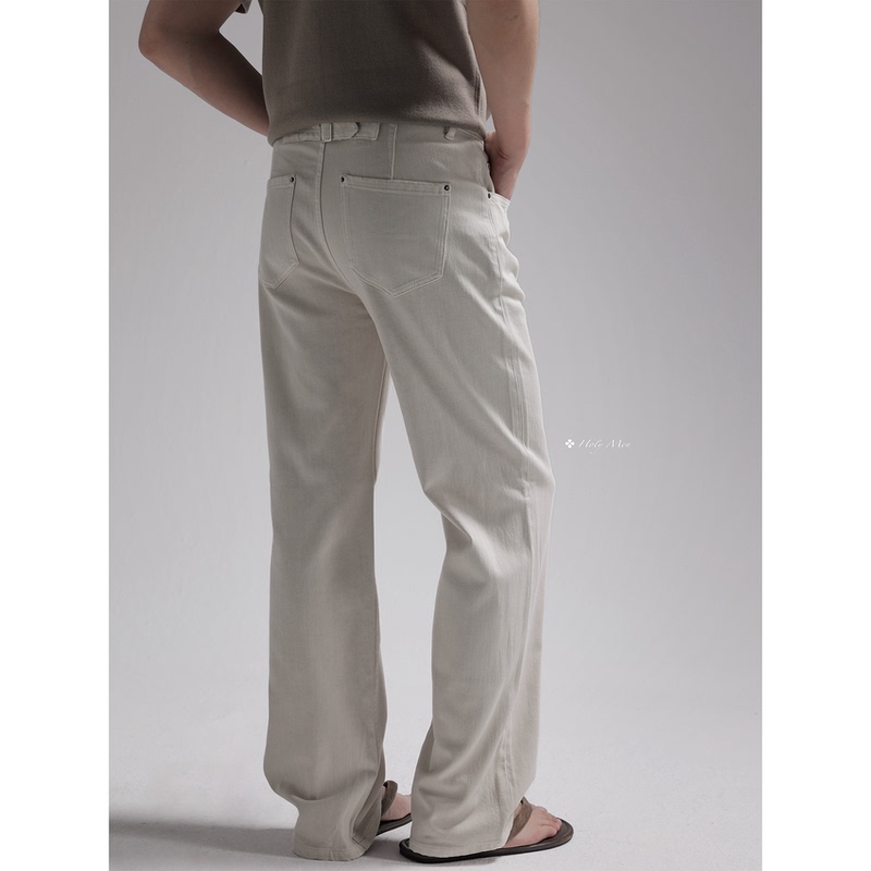 Holymen |   Lightweight Summer Triacetate B*C Ivory White Straight-Leg Slim-Fit Paris Button Micro-Stretch Denim Pants