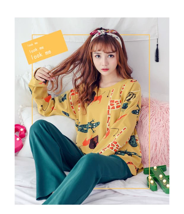 Bộ đồ ngủ nữ mùa xuân và mùa thu dài tay áo cotton Bộ Hàn Quốc ngọt ngào dễ thương Phim hoạt hình có thể mặc nhà mùa thu mỏng