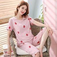 Bộ đồ ngủ nữ mùa hè tay ngắn cắt cúp cotton phần mỏng phiên bản Hàn Quốc của bộ đồ hoạt hình dễ thương cotton phục vụ gia đình đồ bộ ống rộng