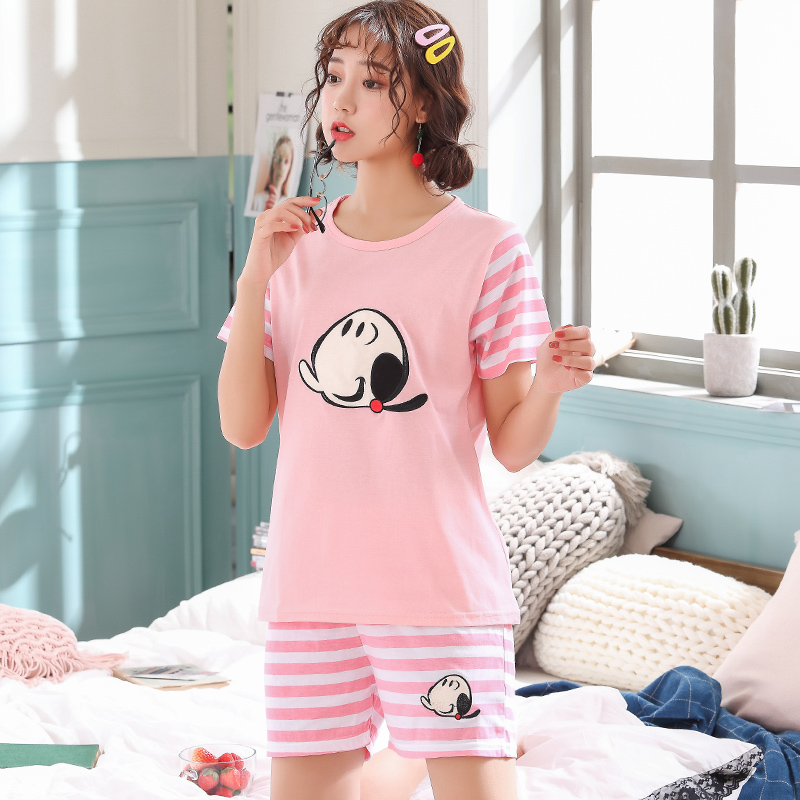 Bông đồ ngủ ngắn tay womens mùa hè mỏng Hàn Quốc phiên bản mới phim hoạt hình sinh viên bông nhà quần áo womens mùa hè hai mảnh bộ.