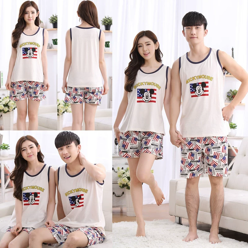 Mùa hè vài bộ đồ ngủ không tay bông phim hoạt hình mùa hè nam giới và phụ nữ vest quần short bông phù hợp với dịch vụ nhà dễ thương bộ mặc nhà