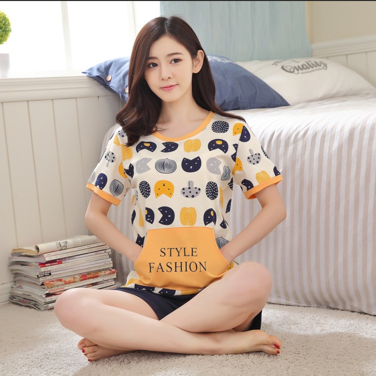 Bông đồ ngủ ngắn tay womens mùa hè mỏng Hàn Quốc phiên bản mới phim hoạt hình sinh viên bông nhà quần áo womens mùa hè hai mảnh bộ.