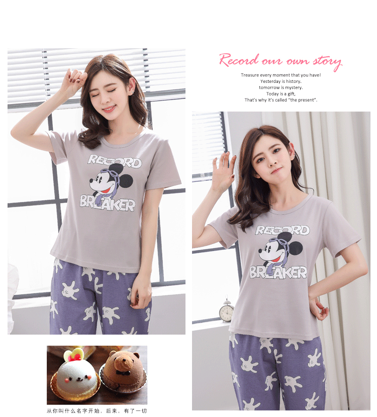 Bộ đồ ngủ nữ mùa hè tay ngắn cắt cúp cotton phần mỏng Phiên bản Hàn Quốc của bộ phim hoạt hình dễ thương phục vụ nhà cotton phù hợp với phụ nữ đồ bộ thể thao nam