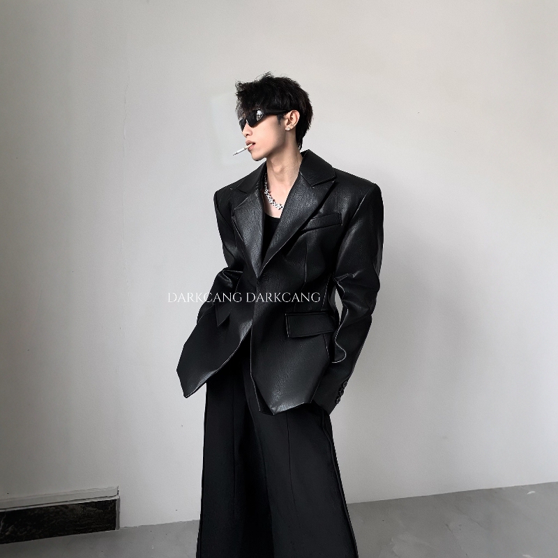 Heican Society/Light Luxury Suit Style Design Padded Shoulder Leather Jacket for Men, Autumn High-End Cool and Handsome Waist-Tightening Suit