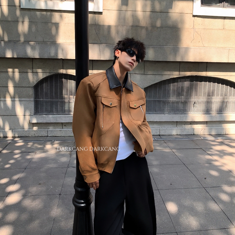 Heican Society/Light Luxury Deconstructed Patchwork Design Barn Style Shoulder Pad Jacket for Men Cleanfit Suede Jacket Trendy