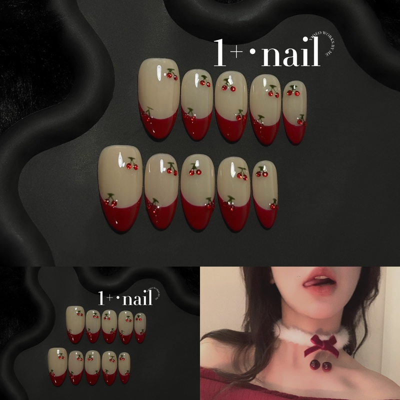 1+Nail 【Cherry Pie】· New Year Red French Style Cherry New Year Red Press-On Nails Almond Shape