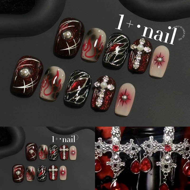 1+Nail 【Blood War】Millennial Hot Girl Dark Sweet Cool Gothic Punk Blood Red Handmade Wearable Nails