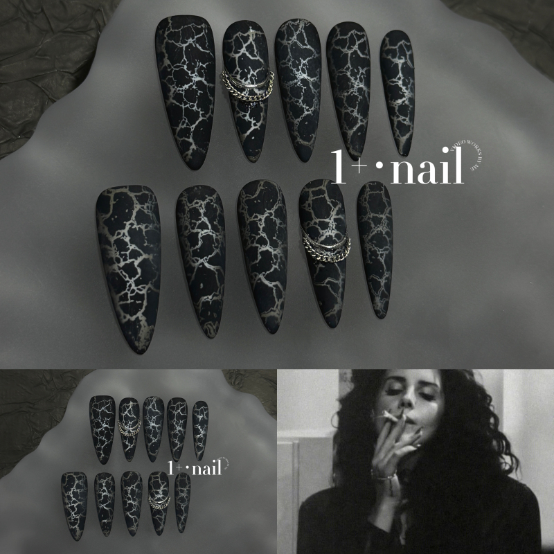 1+【Marble】 Marble Pattern, High-End Feel, Long Pointed, European and American Style, Handmade Wearable Nails